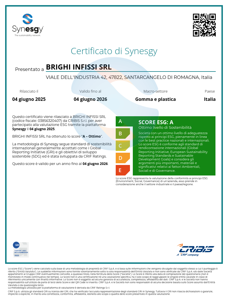 certificato esg score A su dati 2024 valido per 2025-2026